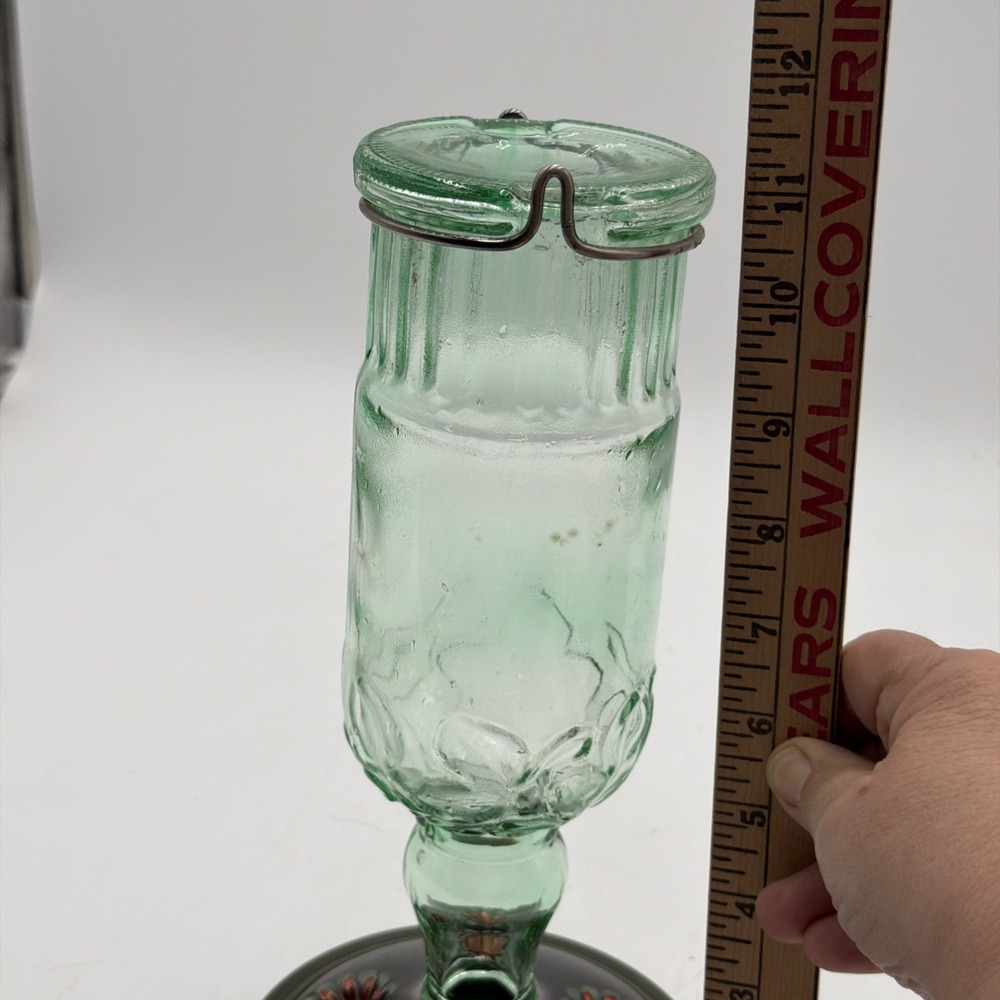 Vintage Woodstream Hummingbird Feeder Green Glass Jar Metal Base - Picture 5 of 8